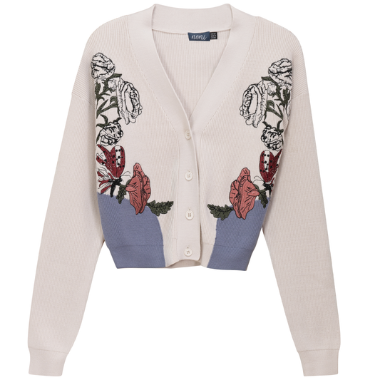 Embroidered Cropped Cardigan Off White Blue
