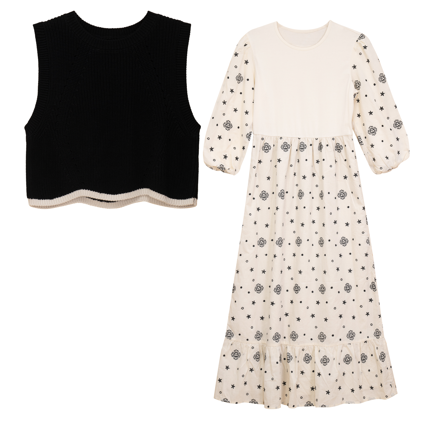 Embroidered Dress with Vest Cream