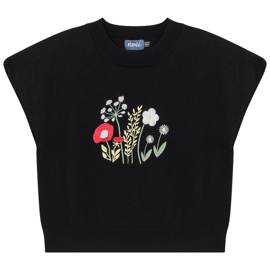 Floral Embroidered Crop Vest Black