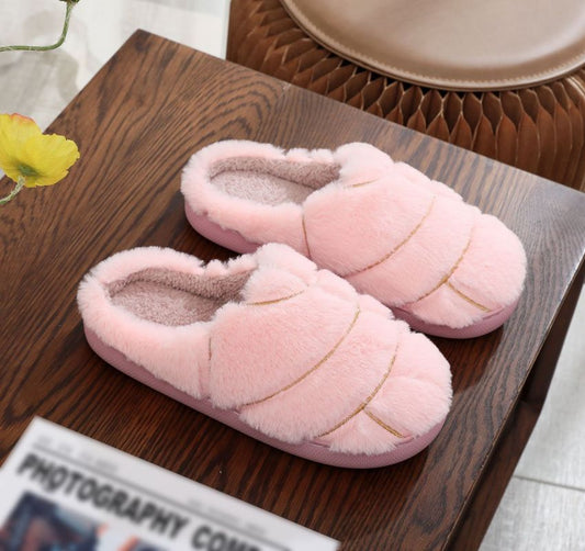 Rabbit fur slippers for men and women, winter warm indoor slippers Pink