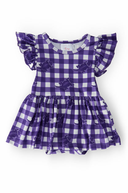 TCU Plaid Frog Flutter Twirl Bodysuit
