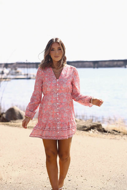 Rosie Pink Floral Print Buttoned Mini Dress - FINAL SALE