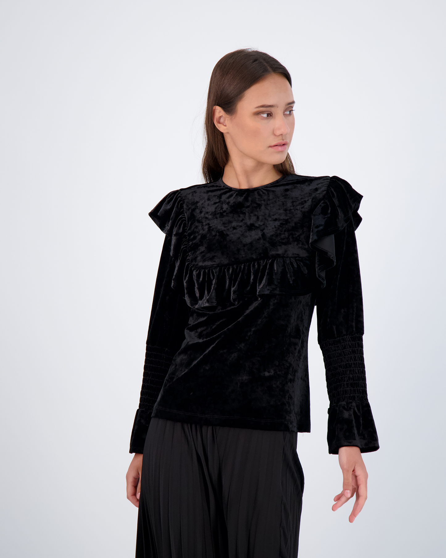 Smocked Sleeves Top With Ruffles Black