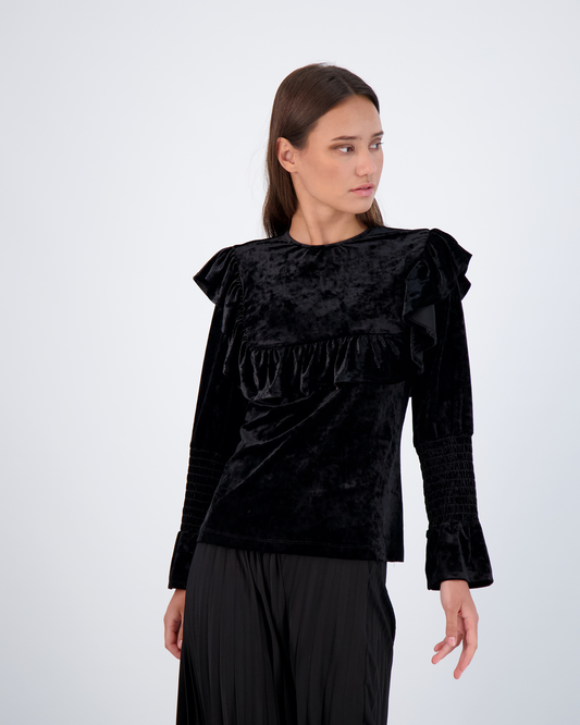 Smocked Sleeves Top With Ruffles Black