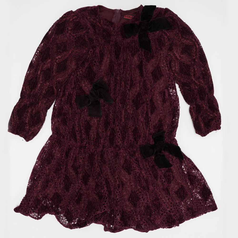 Lace Velour Bow Dress Wine