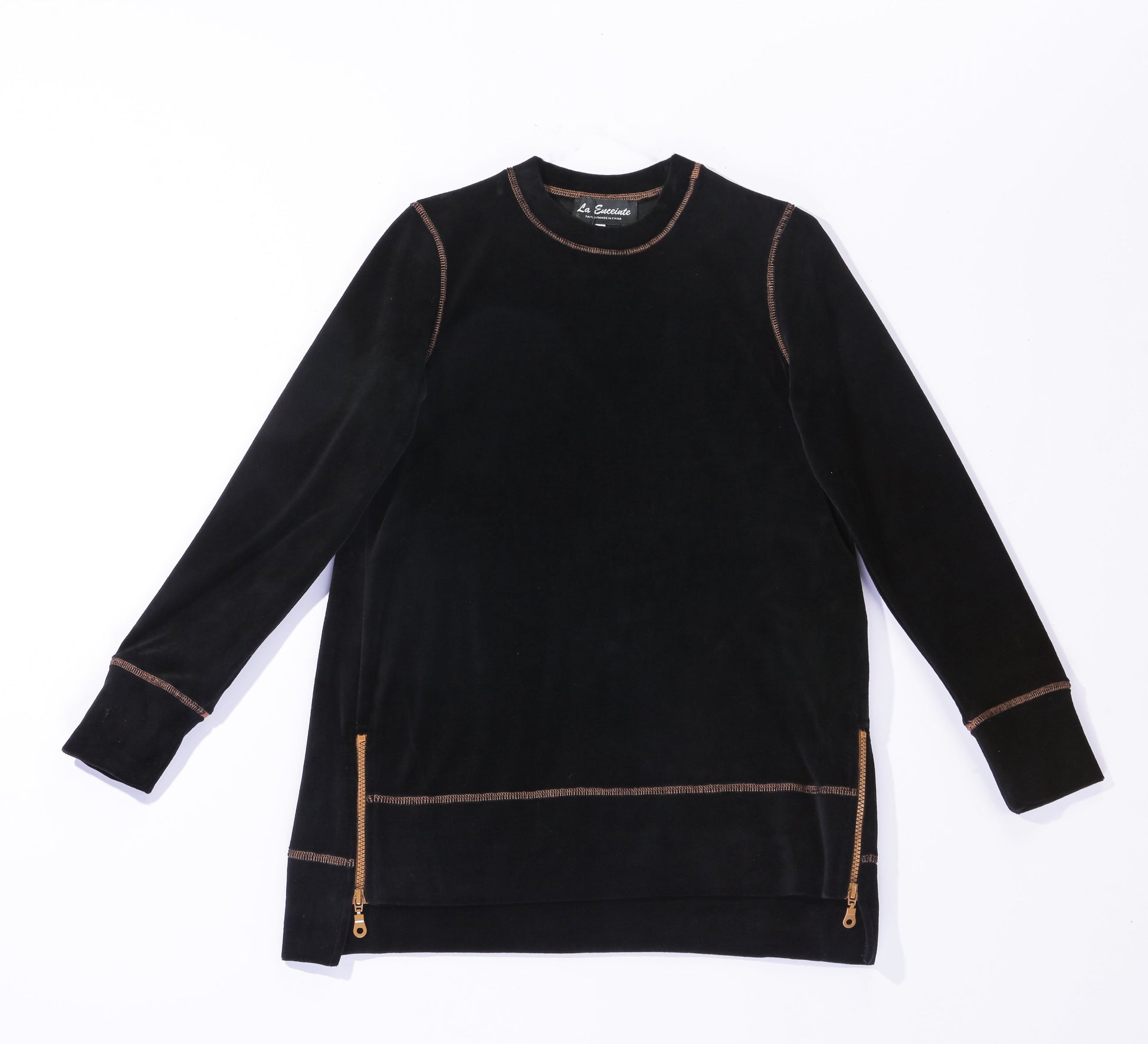 Maternity Zipper Velour Top With Contrast Stitching Black