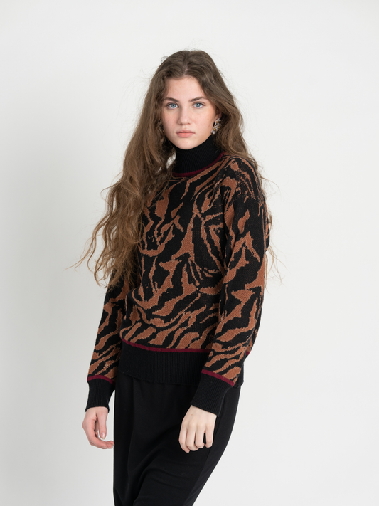 Mock Neck Leopard Knit Chenille Sweater