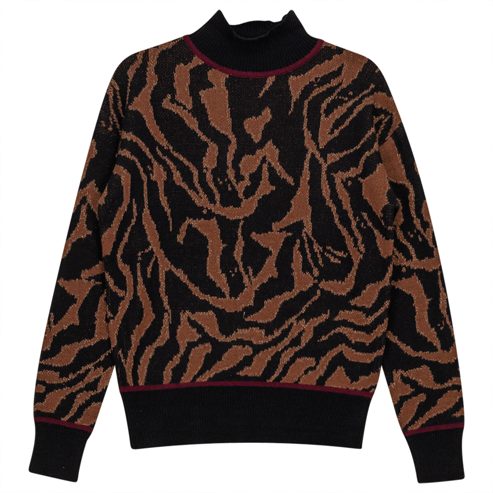Mock Neck Leopard Knit Chenille Sweater Black