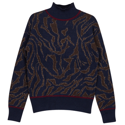 Mock Neck Leopard Knit Chenille Sweater Navy