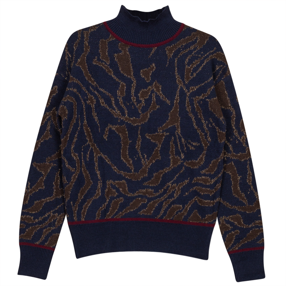 Mock Neck Leopard Knit Chenille Sweater Navy