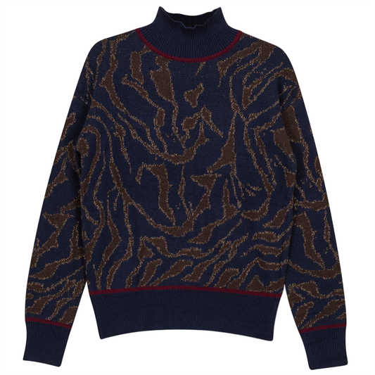 Mock Neck Leopard Knit Chenille Sweater Navy