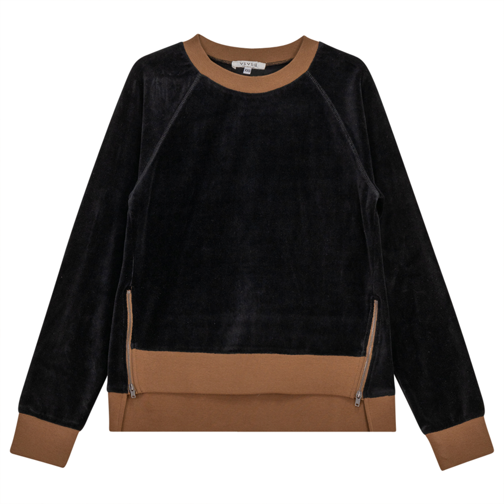 Cotton Velour Raglan Sleeve Zipper Top Black Taupe