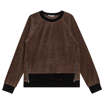 Cotton Velour Raglan Sleeve Zipper Top Coffee Black