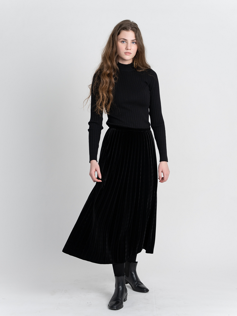 Accordian Pleated Velour Midi Skirt