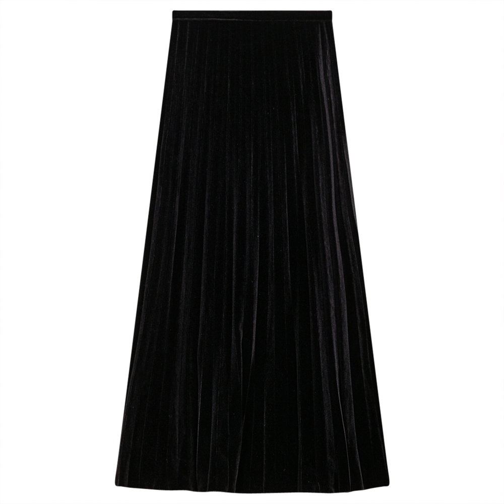Accordian Pleated Velour Midi Skirt Black