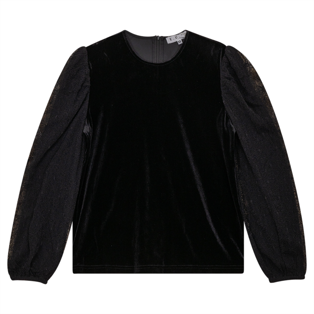 Velour Button Front Top With Organza Sleeves Black