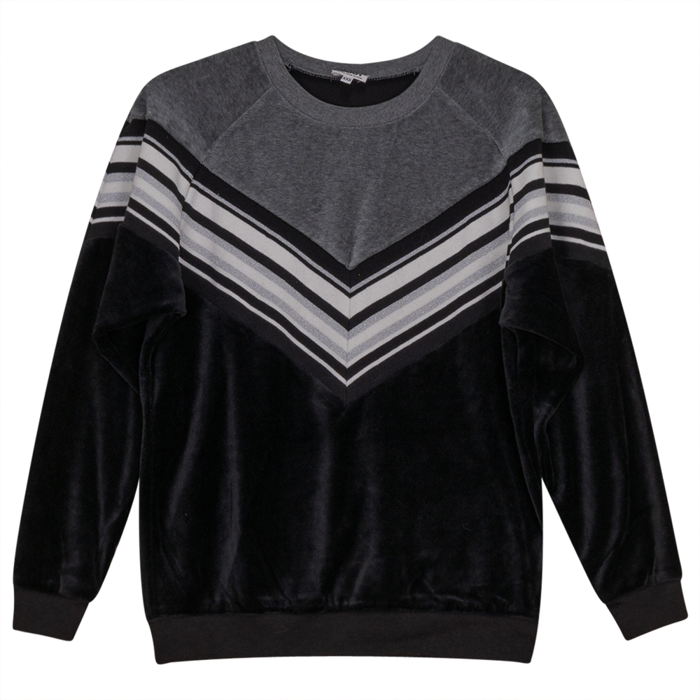 Velour 2 Tone V-Stripe Top Black