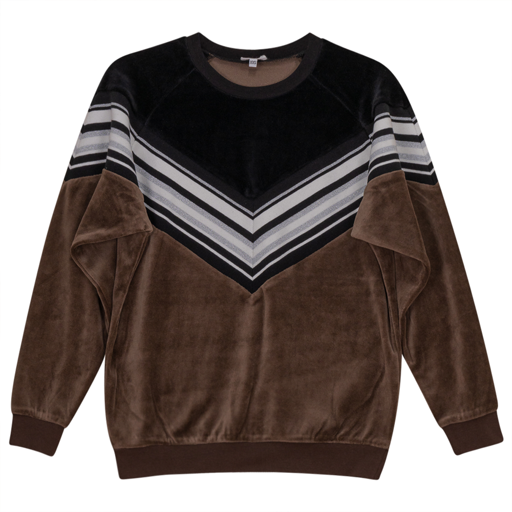 Velour 2 Tone V-Stripe Top Coffee