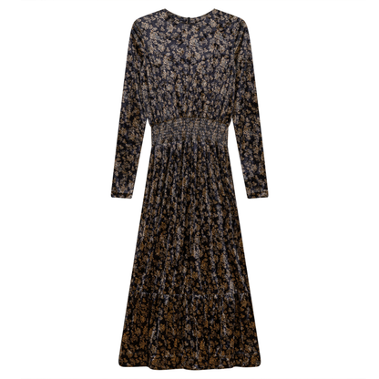 Midi Pleated Velour Floral Dress Black