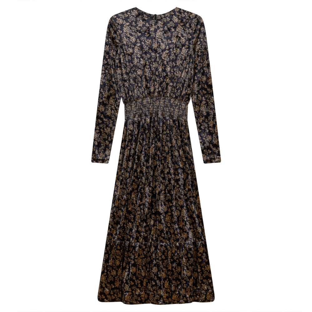 Midi Pleated Velour Floral Dress Black