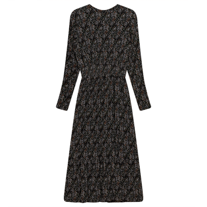 Pleated Chiffon Floral Midi Dress Black Rust