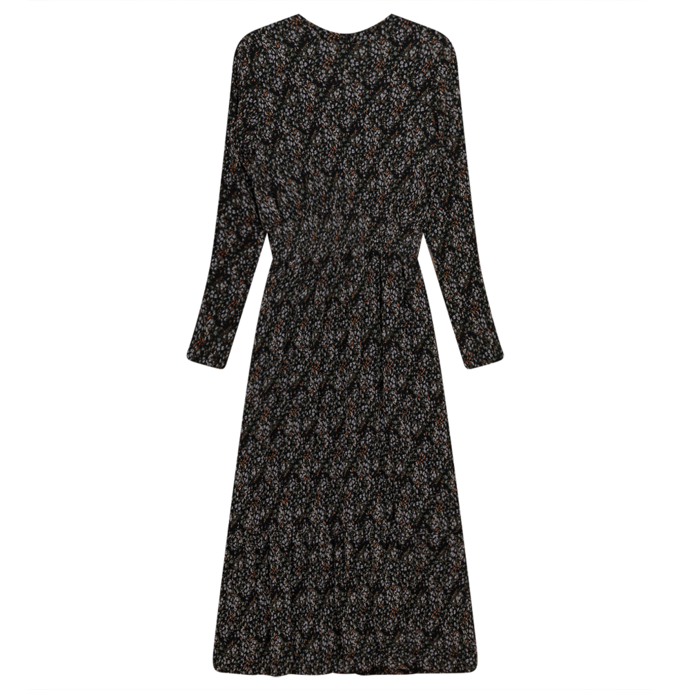 Pleated Chiffon Floral Midi Dress Black Rust