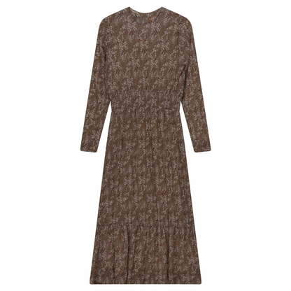 Pleated Chiffon Floral Midi Dress Stone Taupe