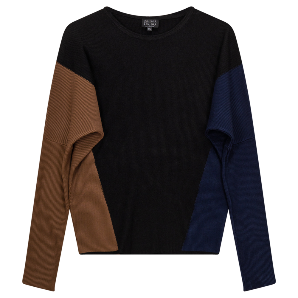 Dolman Color Blocked Knit Sweater Black Cognac
