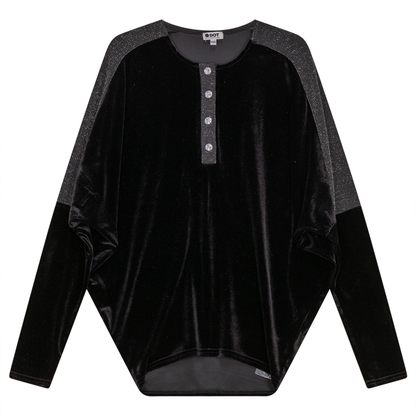 Velour Dolman Henley Top With Lurex Rib Contrast Black