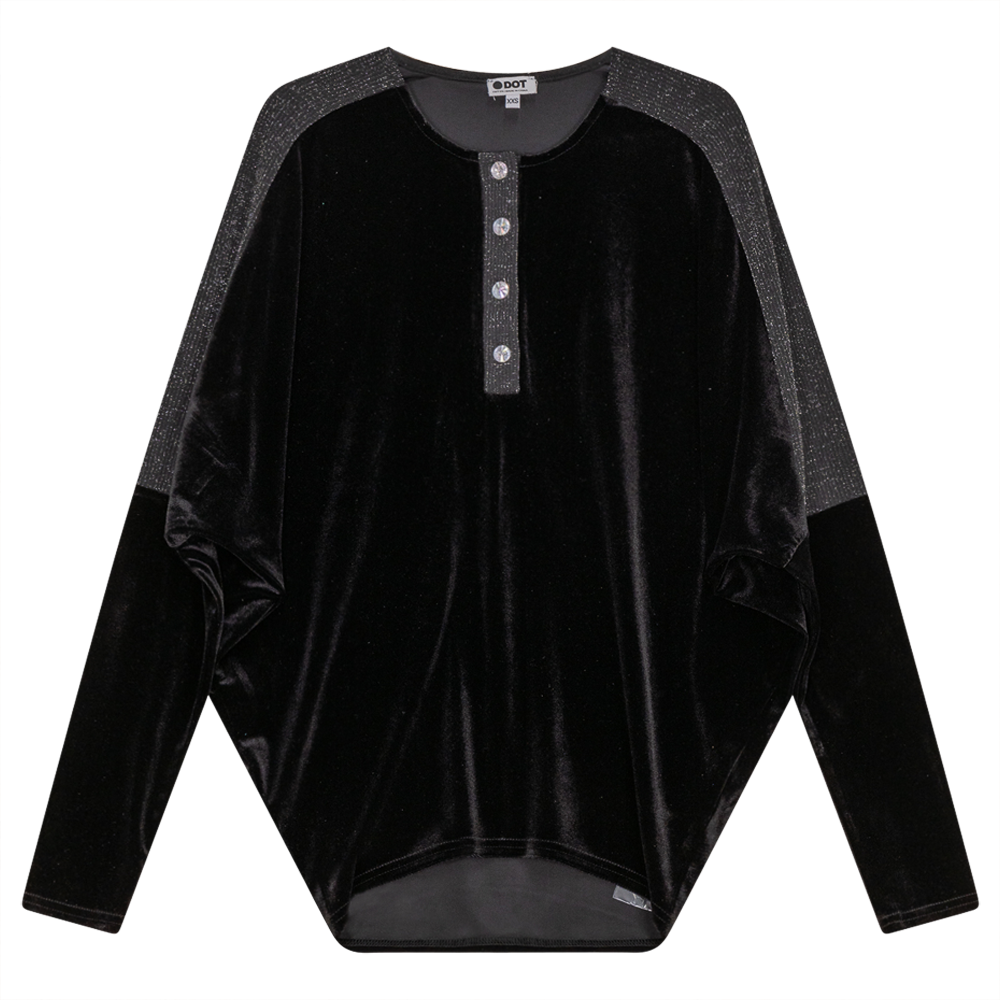 Velour Dolman Henley Top With Lurex Rib Contrast Black