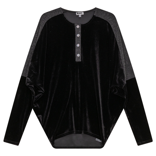 Velour Dolman Henley Top With Lurex Rib Contrast Black