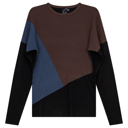 Drop Sleeve Color Blocked Knit Sweater Coffee