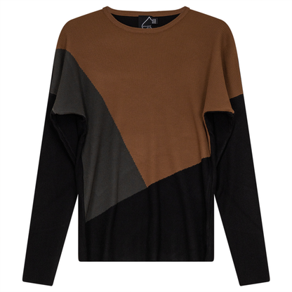 Drop Sleeve Color Blocked Knit Sweater Dark Cognac