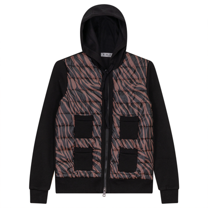 Zebra Quilted Waffle Knit Combo Bomber Jacket Black Taupe