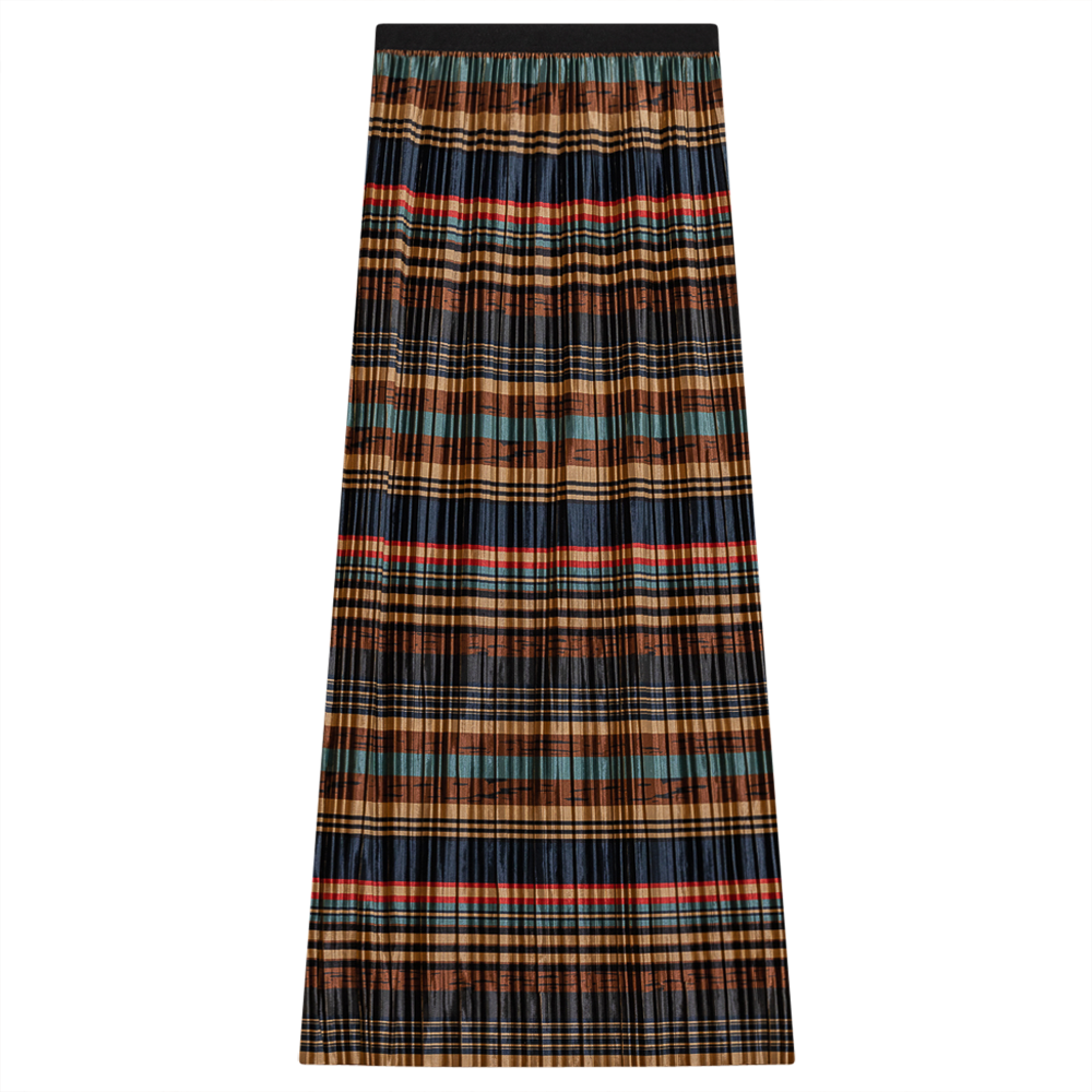 Accordion Pleated Striped Velour Maxi A-Line Skirt Multi Color Stripe