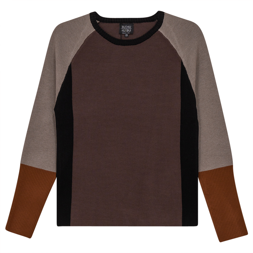 Color Blocked Ribbed Knit Combo Sweater Coffee Black