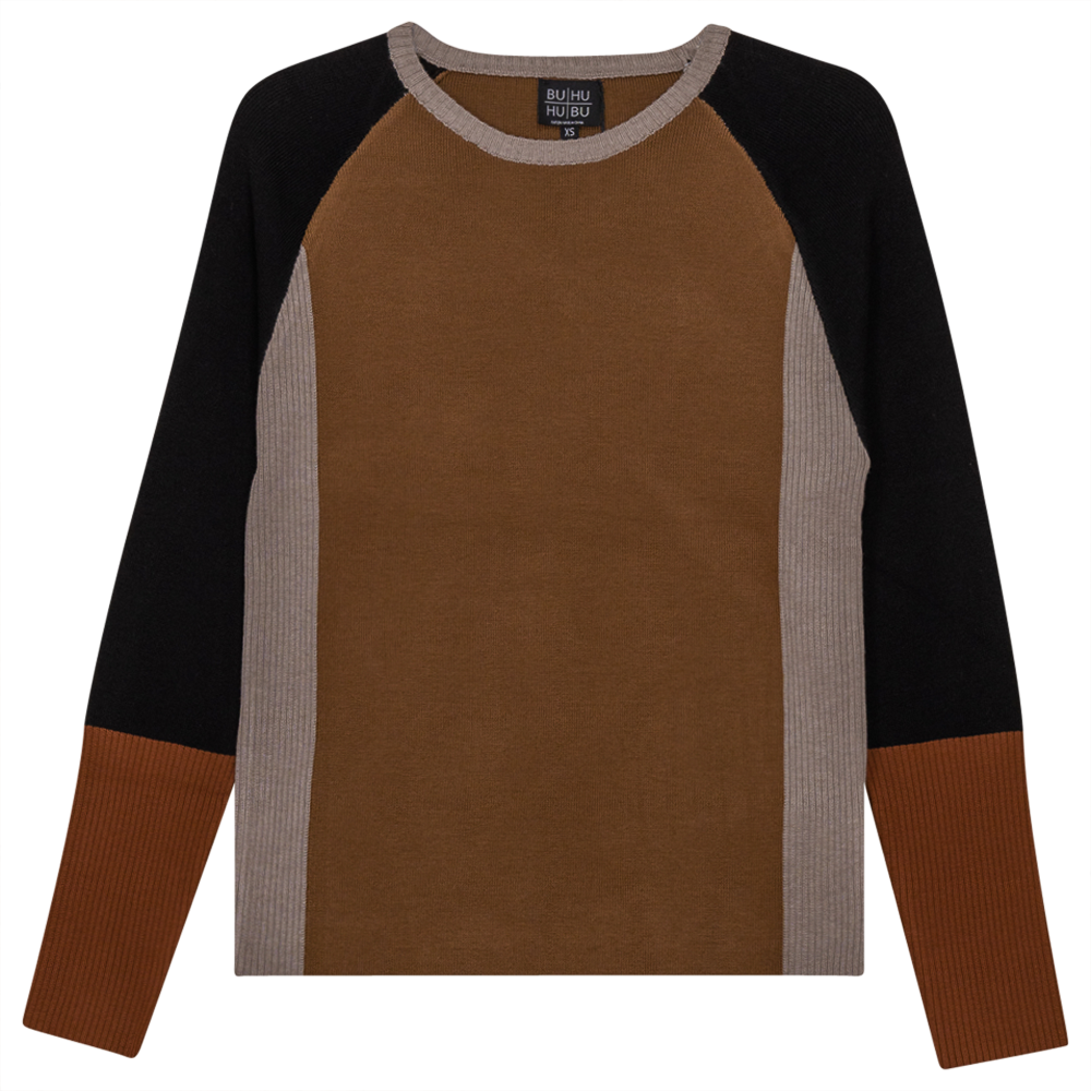Color Blocked Ribbed Knit Combo Sweater Taupe Stone