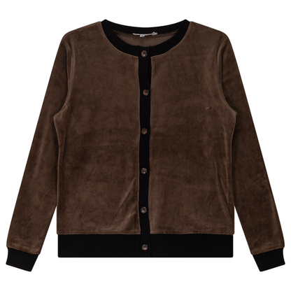 Velour Round Neck Cardigan Coffee