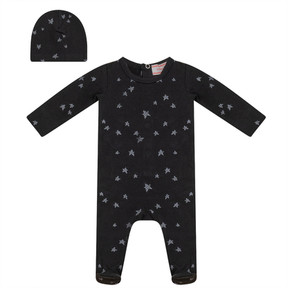 Star Print Onesie With Hat Black