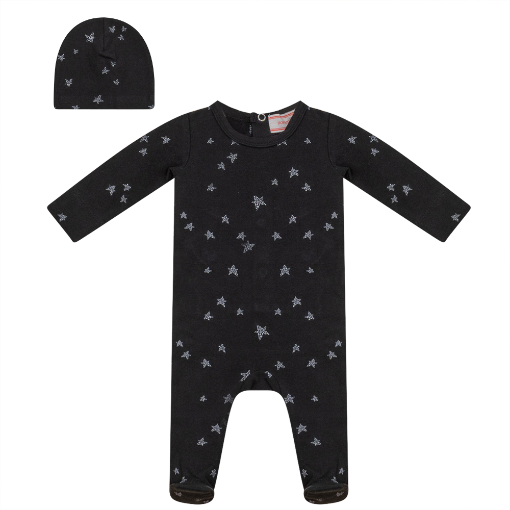Star Print Onesie With Hat Black