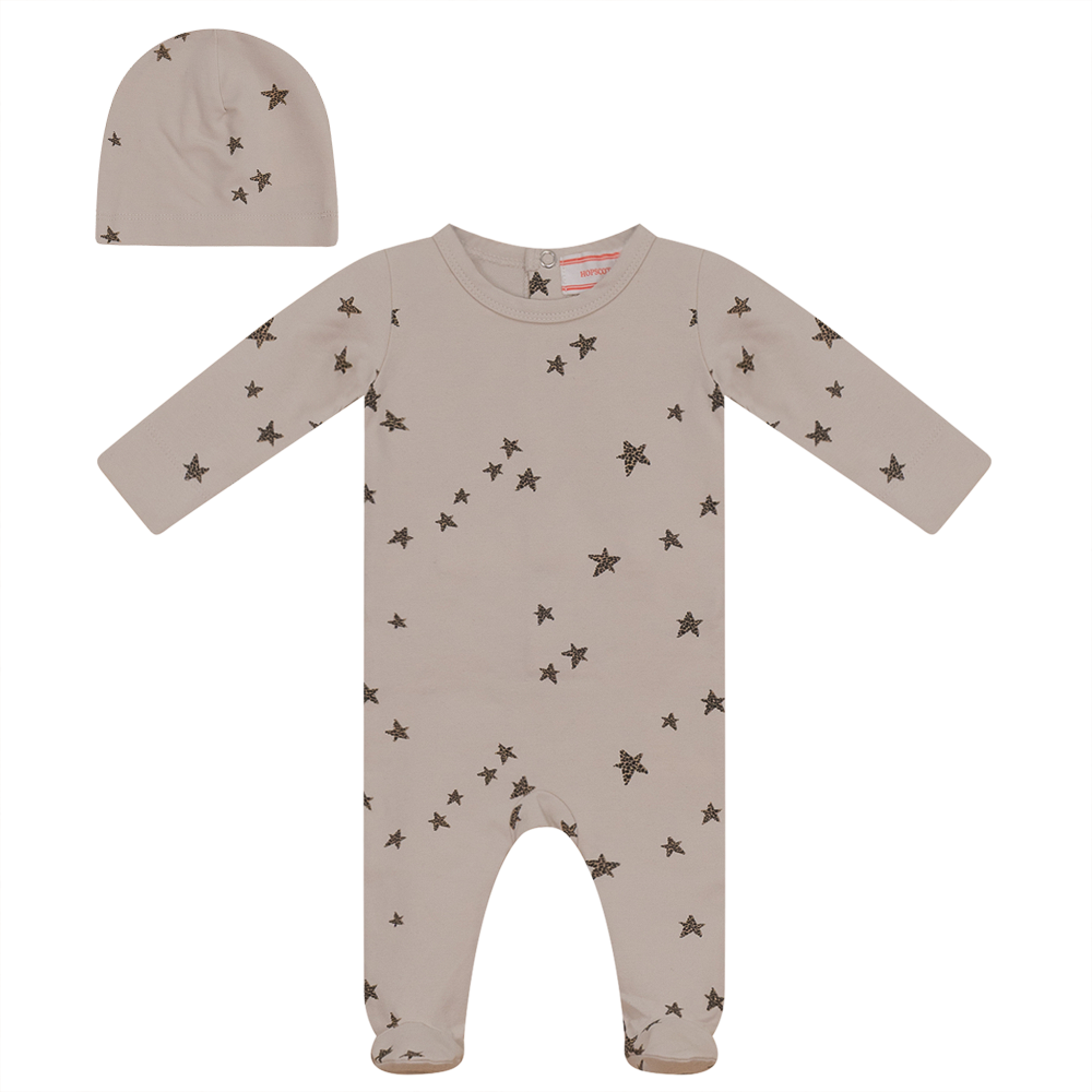 Star Print Onesie With Hat Dark Almond