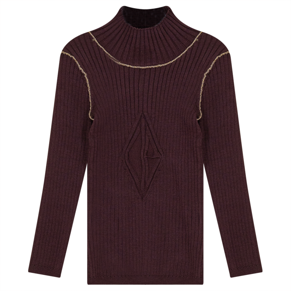 Rib Knit Top With Mock Neck Wine