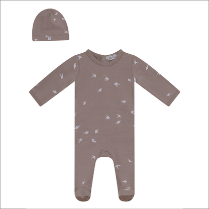 Bird Print Onesie With Hat Beige