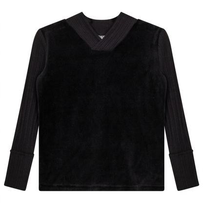 Combo Rib And Cotton Velour Top Black