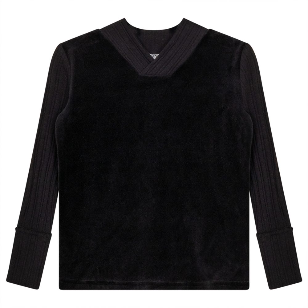 Combo Rib And Cotton Velour Top Black