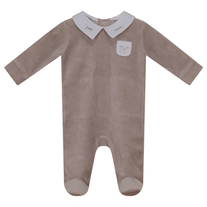 Embroidered "Petit Coeur" Velour Onesie Beige