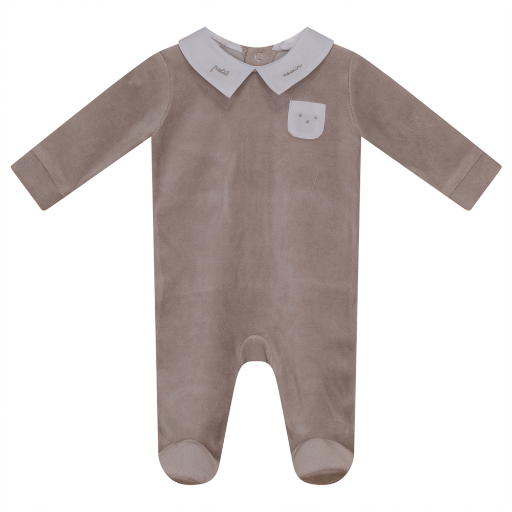 Embroidered "Petit Coeur" Velour Onesie Beige