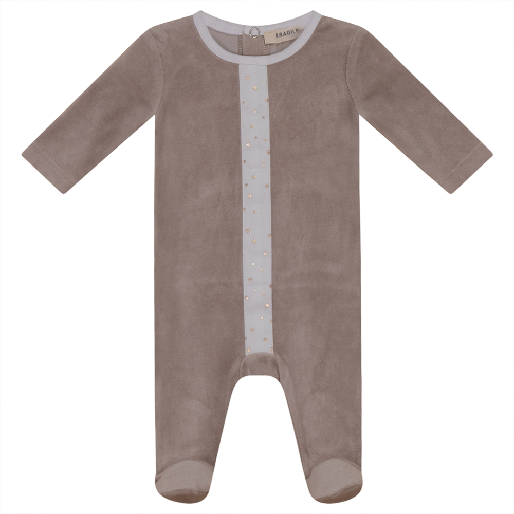 White And Gold Stars Print Velour Onesie Beige
