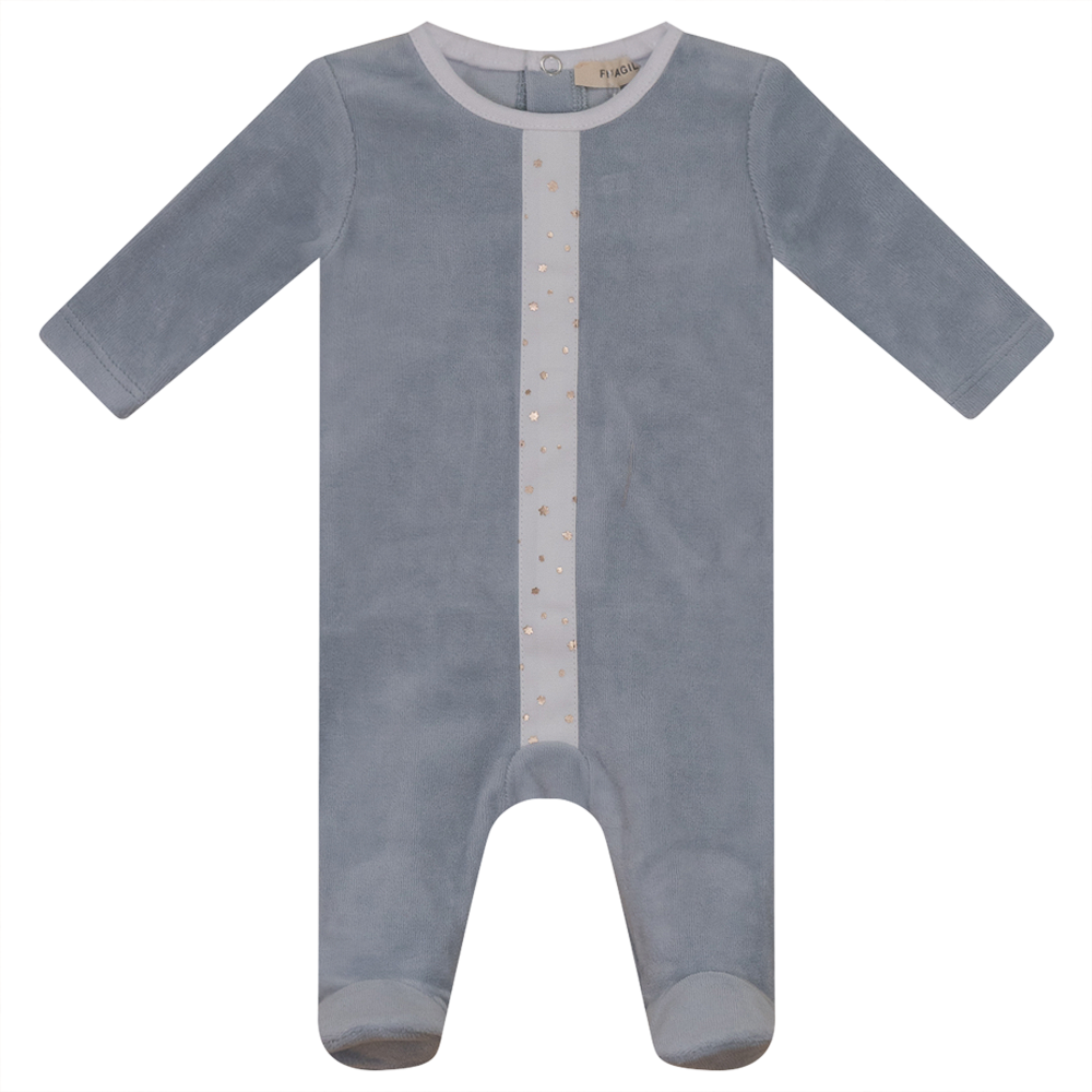 White And Gold Stars Print Velour Onesie Blue