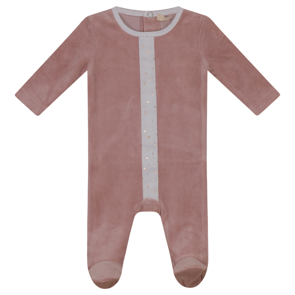 White And Gold Stars Print Velour Onesie Petal